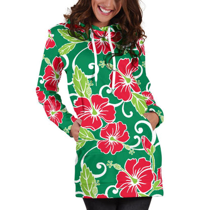 Red Hibiscus Pattern Print Design HB019 Women Hoodie Dress