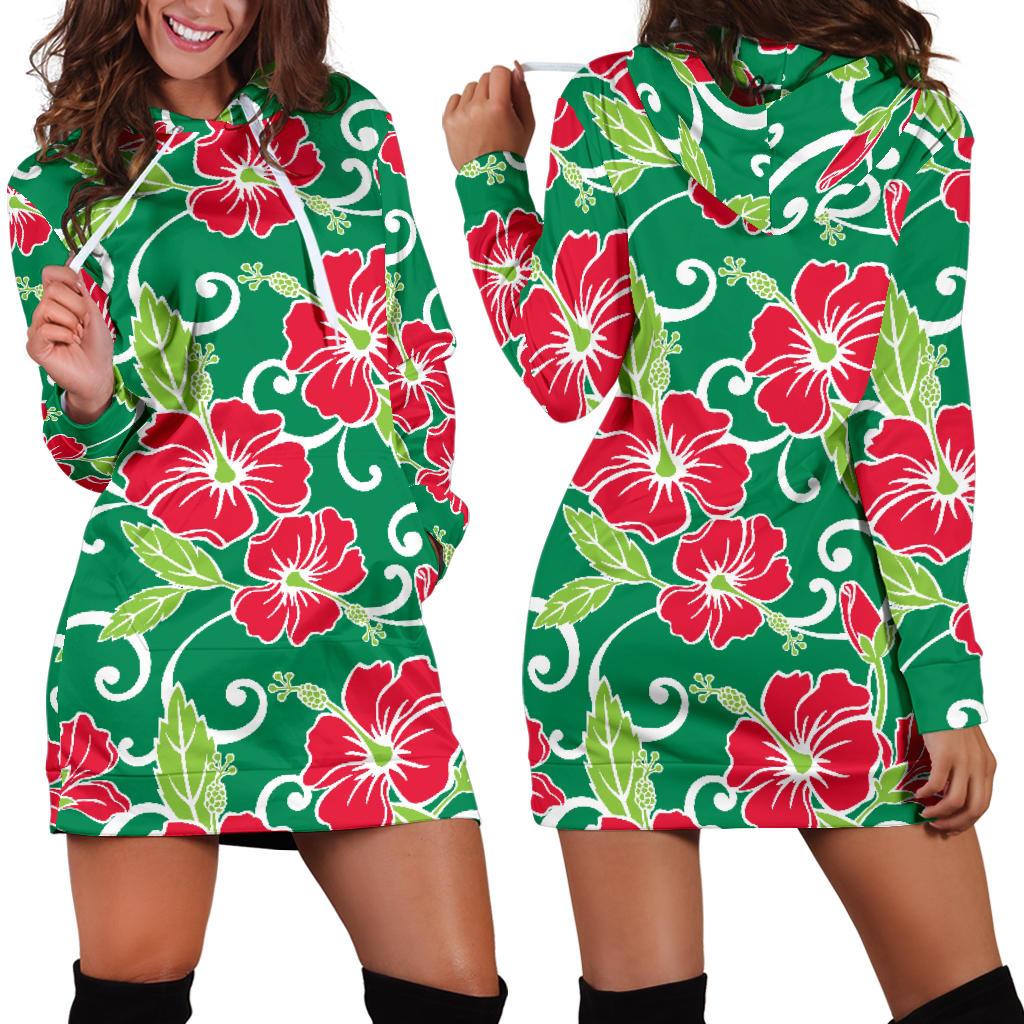Red Hibiscus Pattern Print Design HB019 Women Hoodie Dress
