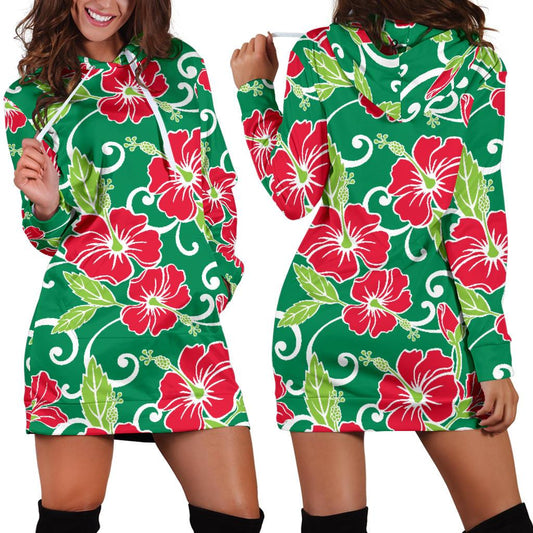 Red Hibiscus Pattern Print Design HB019 Women Hoodie Dress