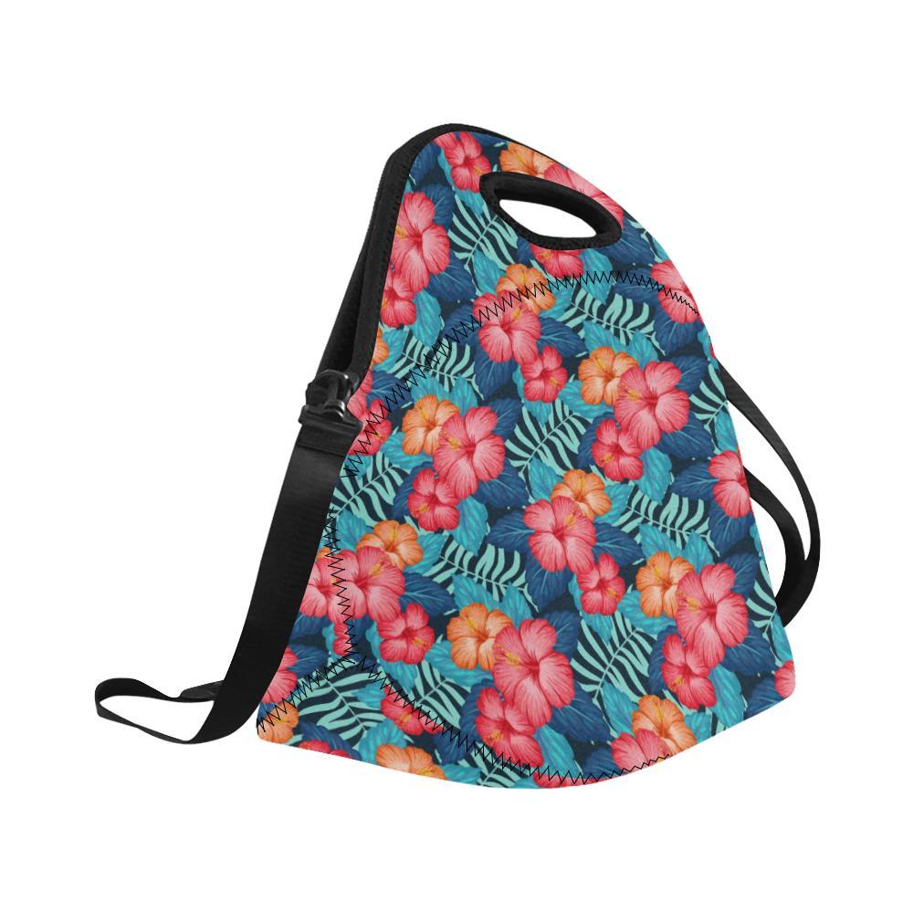 Red Hibiscus Pattern Print Design HB02 Neoprene Lunch Bag-JorJune