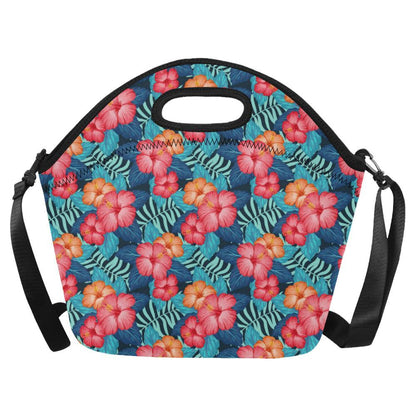 Red Hibiscus Pattern Print Design HB02 Neoprene Lunch Bag-JorJune