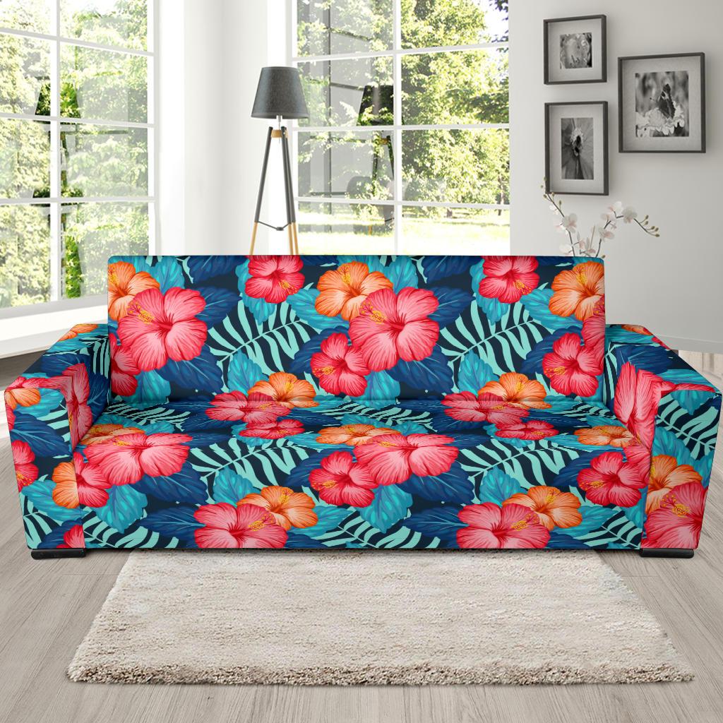 Red Hibiscus Pattern Print Design HB02 Sofa Slipcover-JORJUNE.COM