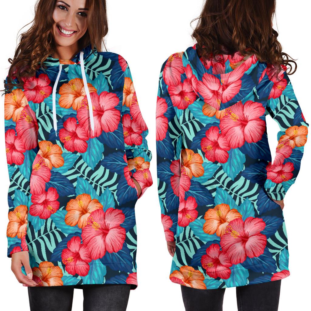 Red Hibiscus Pattern Print Design HB02 Women Hoodie Dress