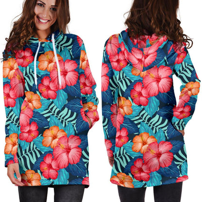Red Hibiscus Pattern Print Design HB02 Women Hoodie Dress