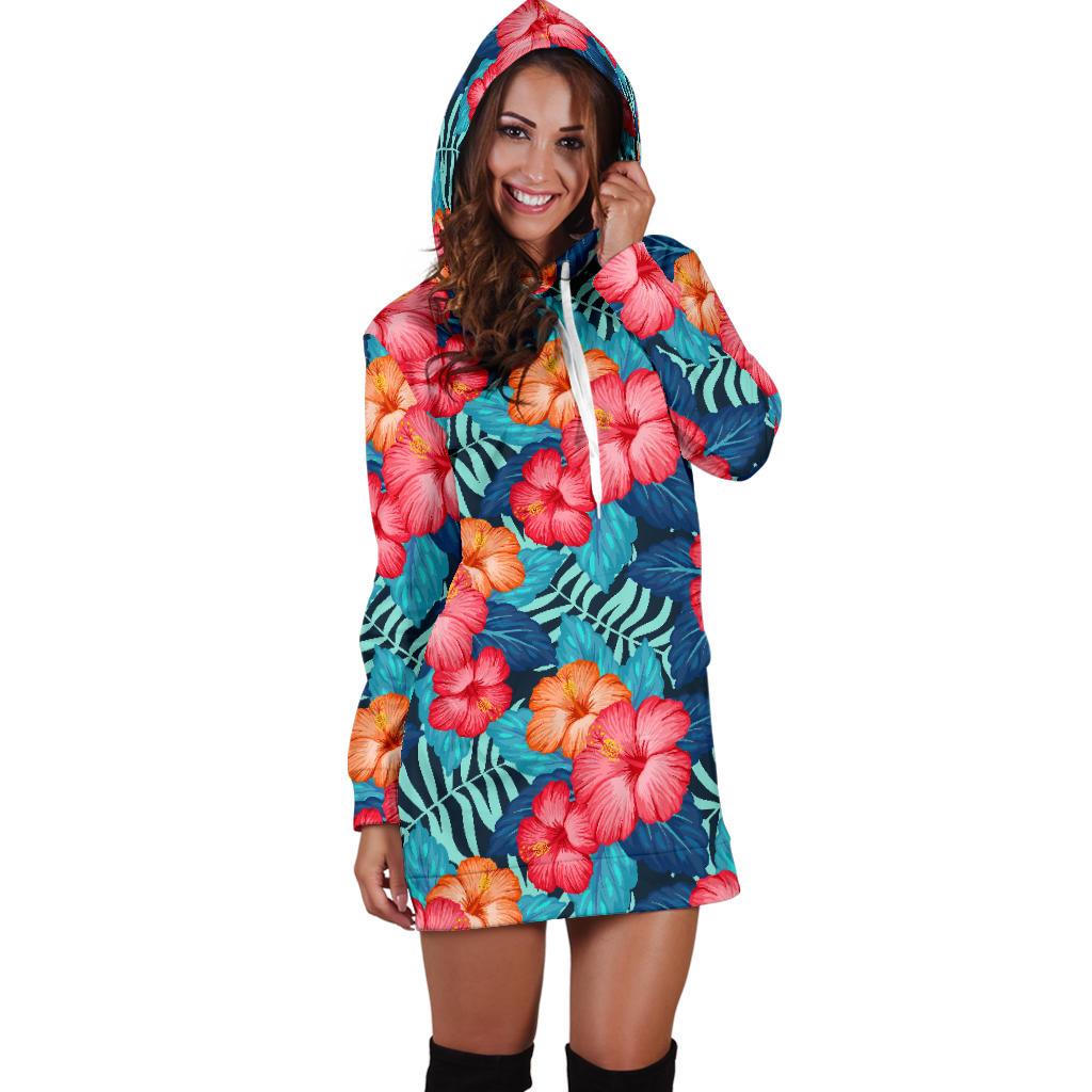 Red Hibiscus Pattern Print Design HB02 Women Hoodie Dress