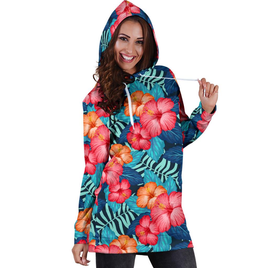 Red Hibiscus Pattern Print Design HB02 Women Hoodie Dress