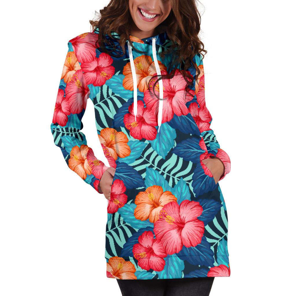 Red Hibiscus Pattern Print Design HB02 Women Hoodie Dress