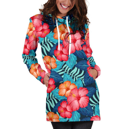 Red Hibiscus Pattern Print Design HB02 Women Hoodie Dress