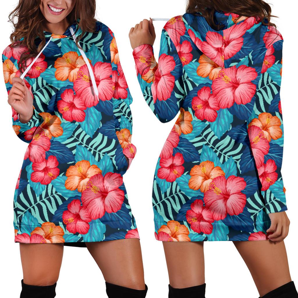 Red Hibiscus Pattern Print Design HB02 Women Hoodie Dress