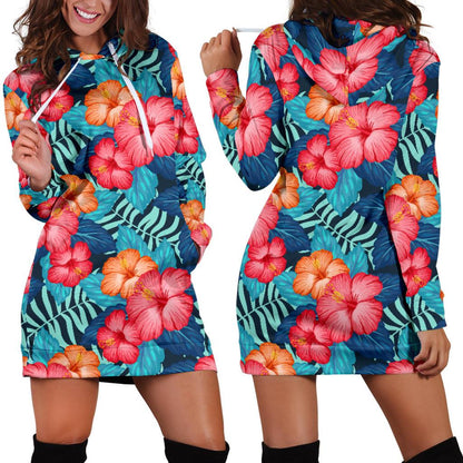 Red Hibiscus Pattern Print Design HB02 Women Hoodie Dress
