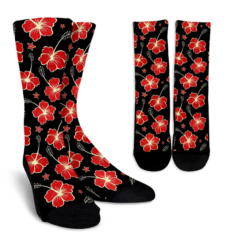 Red Hibiscus Pattern Print Design HB021 Crew Socks-JORJUNE.COM