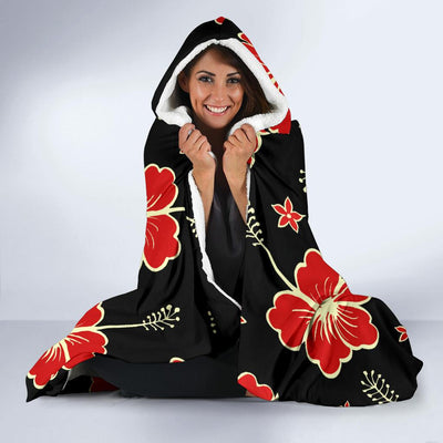 Red Hibiscus Pattern Print Design HB021 Hooded Blanket-JORJUNE.COM