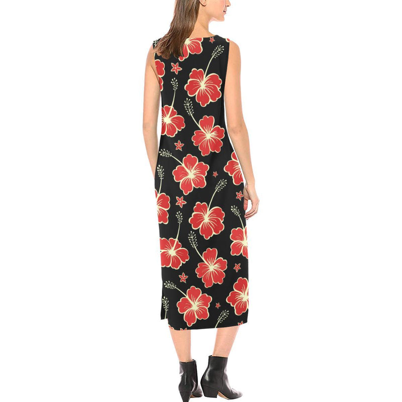 Red Hibiscus Pattern Print Design HB021 Sleeveless Open Fork Long Dress