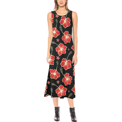 Red Hibiscus Pattern Print Design HB021 Sleeveless Open Fork Long Dress