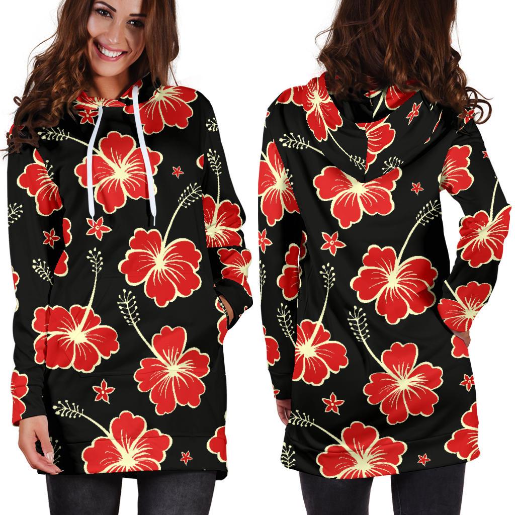 Red Hibiscus Pattern Print Design HB021 Women Hoodie Dress