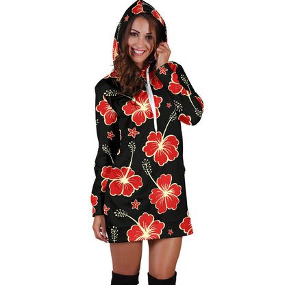 Red Hibiscus Pattern Print Design HB021 Women Hoodie Dress
