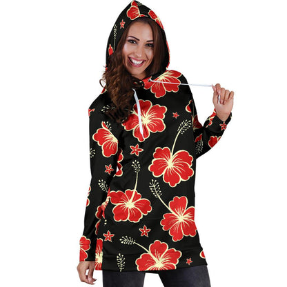 Red Hibiscus Pattern Print Design HB021 Women Hoodie Dress