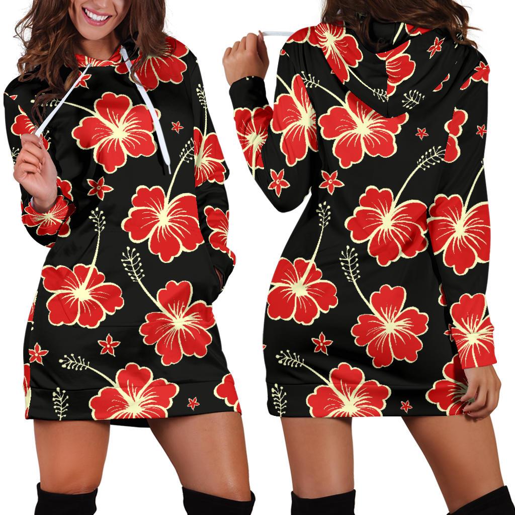 Red Hibiscus Pattern Print Design HB021 Women Hoodie Dress
