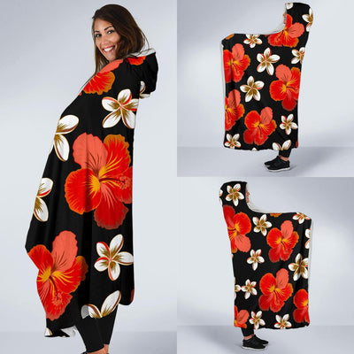 Red Hibiscus Pattern Print Design HB022 Hooded Blanket-JORJUNE.COM