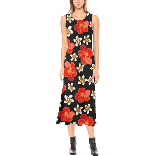 Red Hibiscus Pattern Print Design HB022 Sleeveless Open Fork Long Dress