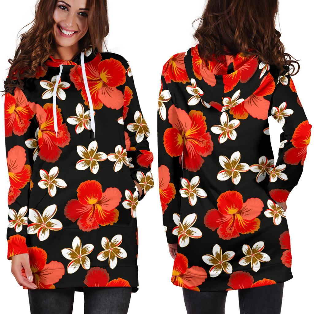 Red Hibiscus Pattern Print Design HB022 Women Hoodie Dress