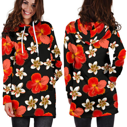 Red Hibiscus Pattern Print Design HB022 Women Hoodie Dress