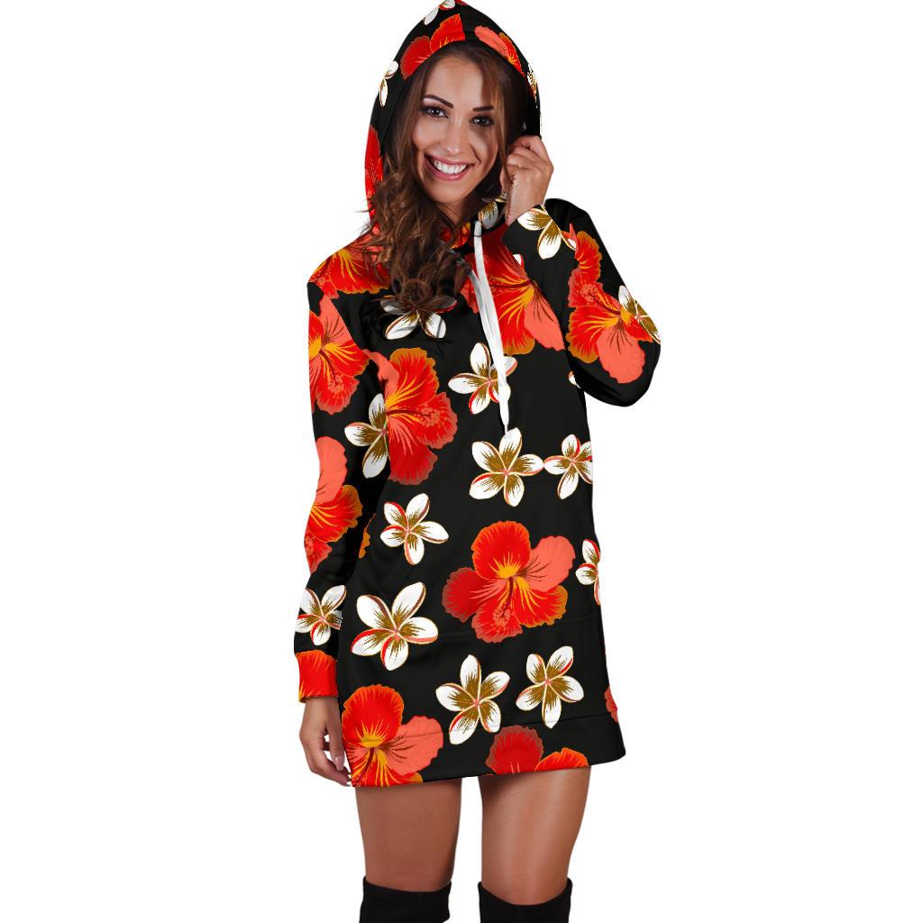 Red Hibiscus Pattern Print Design HB022 Women Hoodie Dress