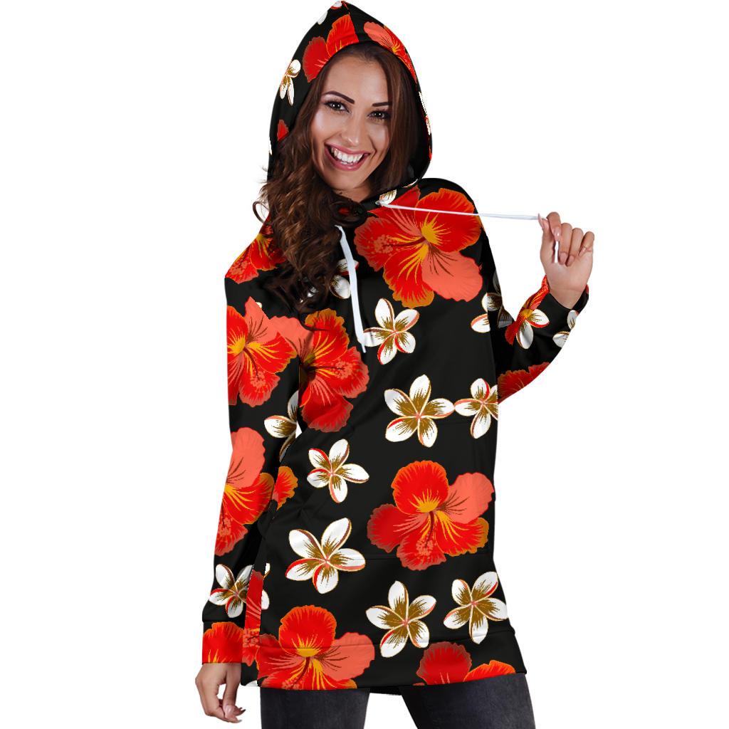 Red Hibiscus Pattern Print Design HB022 Women Hoodie Dress