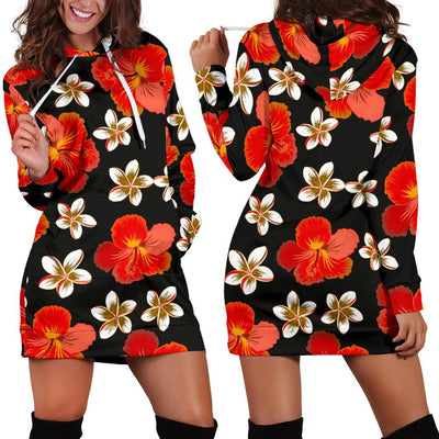 Red Hibiscus Pattern Print Design HB022 Women Hoodie Dress