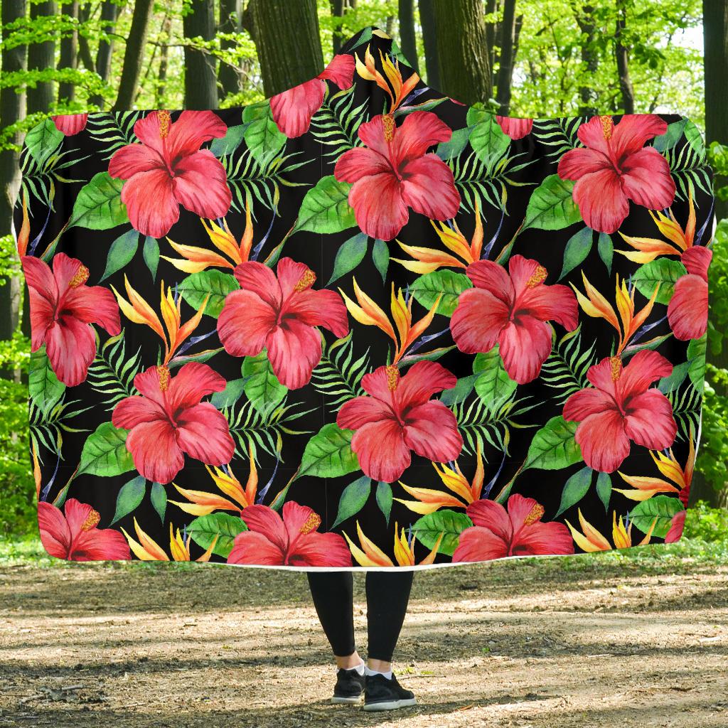 Red Hibiscus Pattern Print Design HB07 Hooded Blanket-JORJUNE.COM