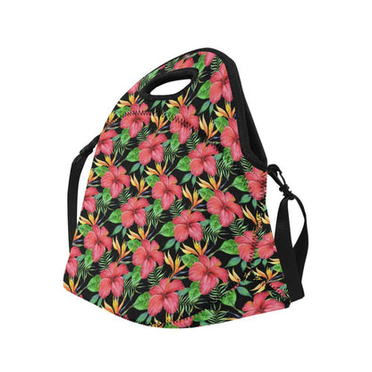 Red Hibiscus Pattern Print Design HB07 Neoprene Lunch Bag-JorJune