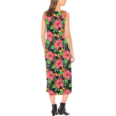 Red Hibiscus Pattern Print Design HB07 Sleeveless Open Fork Long Dress