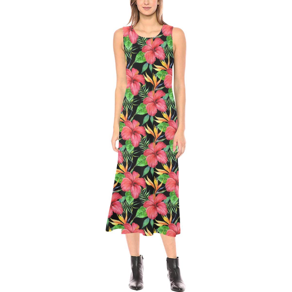 Red Hibiscus Pattern Print Design HB07 Sleeveless Open Fork Long Dress