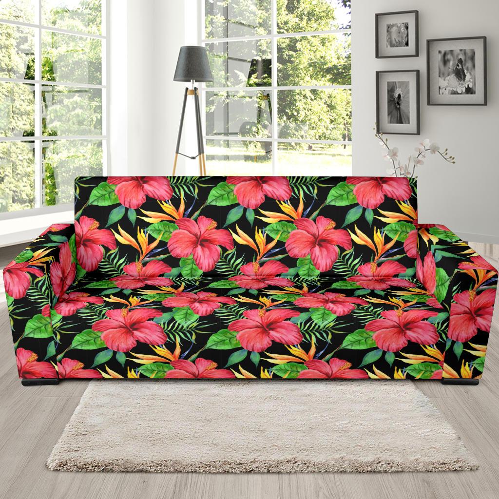 Red Hibiscus Pattern Print Design HB07 Sofa Slipcover-JORJUNE.COM