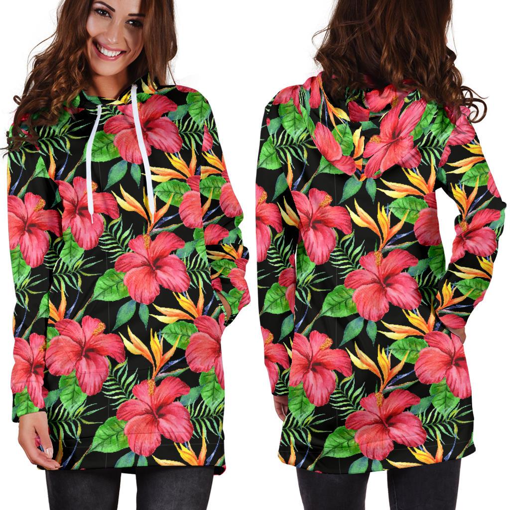 Red Hibiscus Pattern Print Design HB07 Women Hoodie Dress