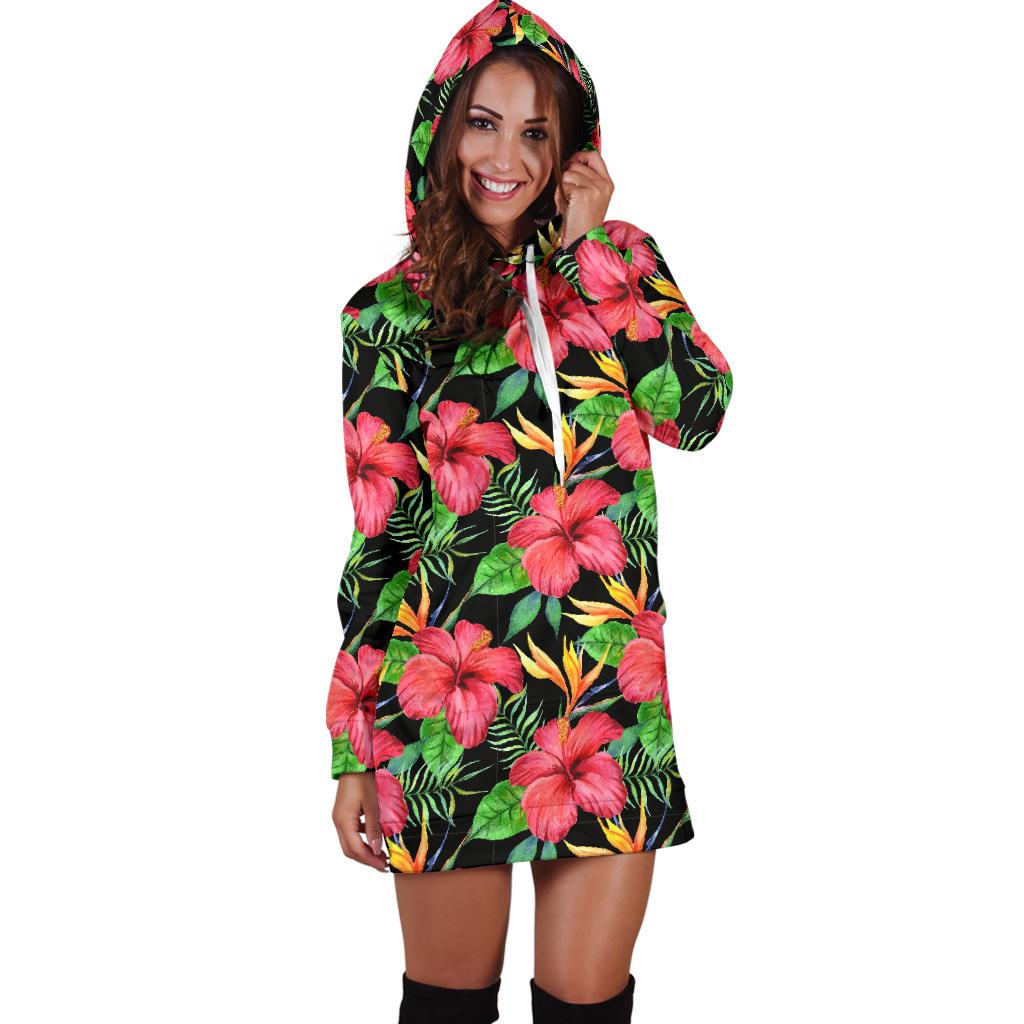 Red Hibiscus Pattern Print Design HB07 Women Hoodie Dress