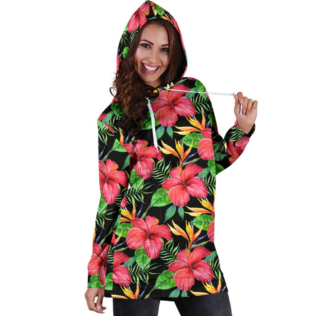 Red Hibiscus Pattern Print Design HB07 Women Hoodie Dress