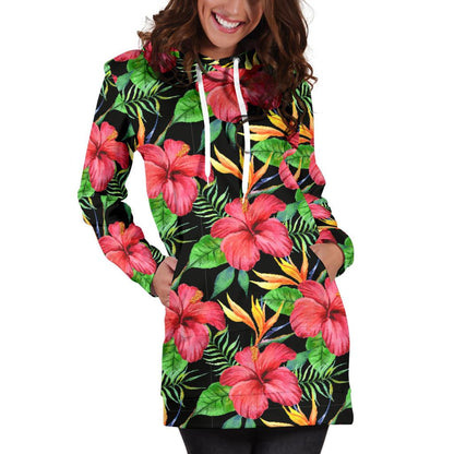 Red Hibiscus Pattern Print Design HB07 Women Hoodie Dress