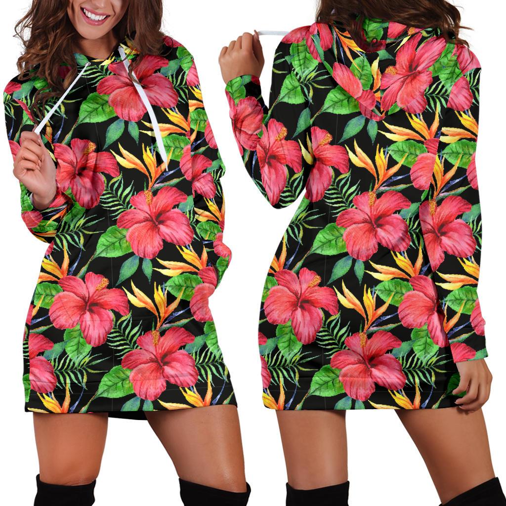 Red Hibiscus Pattern Print Design HB07 Women Hoodie Dress