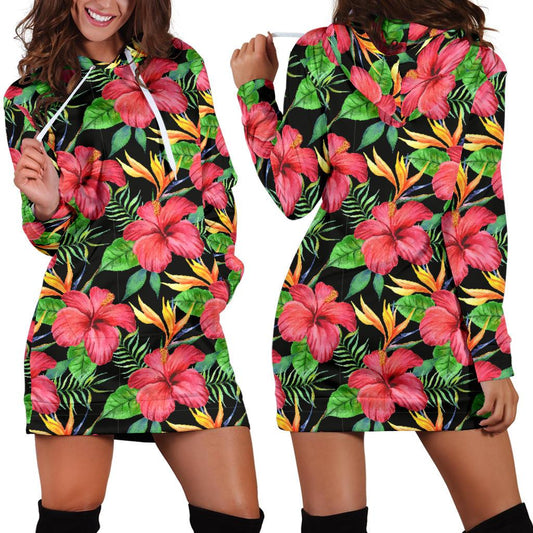 Red Hibiscus Pattern Print Design HB07 Women Hoodie Dress