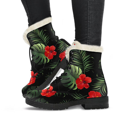 Red Hibiscus Tropical Faux Fur Leather Boots