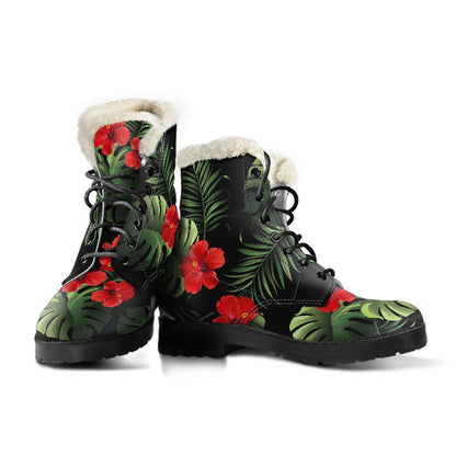Red Hibiscus Tropical Faux Fur Leather Boots