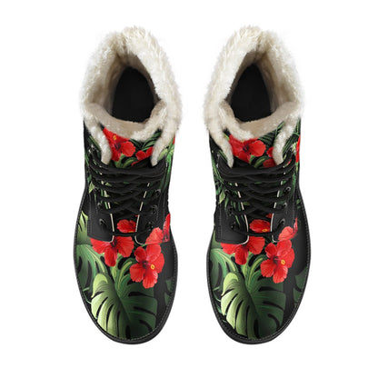 Red Hibiscus Tropical Faux Fur Leather Boots
