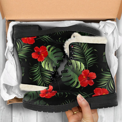 Red Hibiscus Tropical Faux Fur Leather Boots