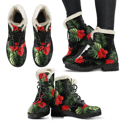 Red Hibiscus Tropical Faux Fur Leather Boots