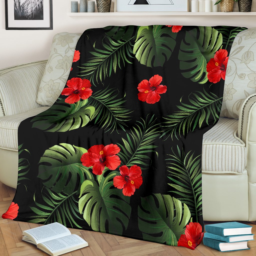 Red Hibiscus Tropical Fleece Blanket
