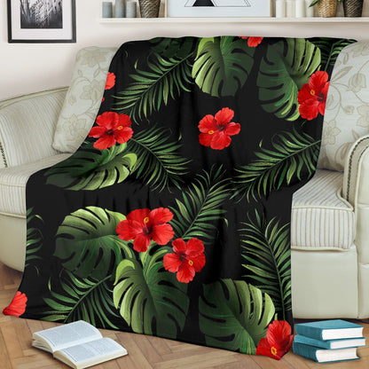 Red Hibiscus Tropical Fleece Blanket