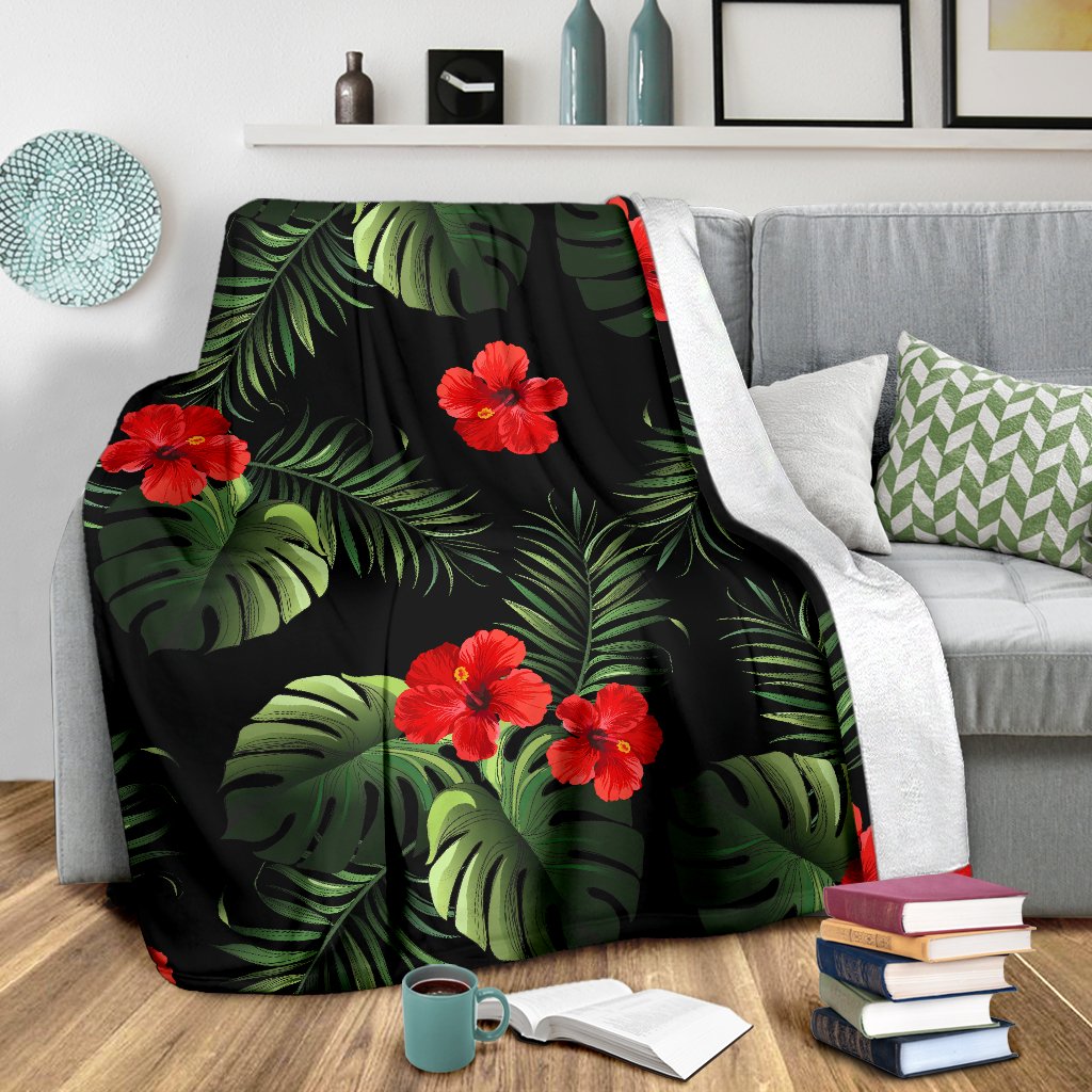 Red Hibiscus Tropical Fleece Blanket