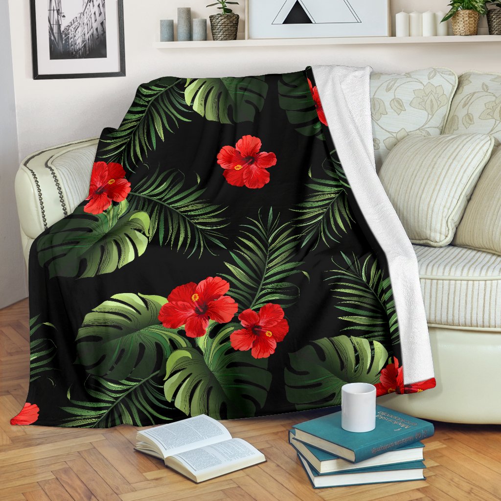 Red Hibiscus Tropical Fleece Blanket