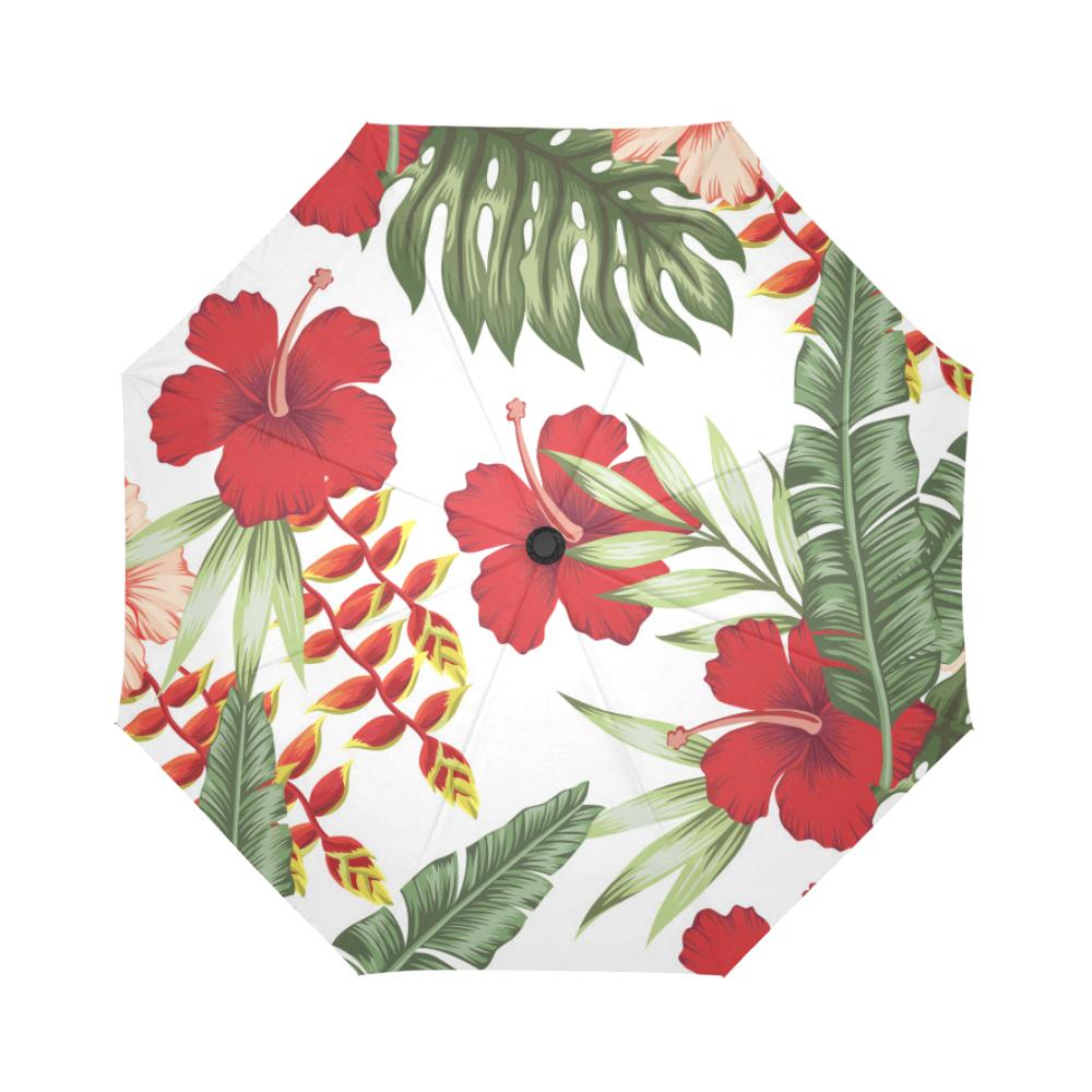 Red Hibiscus Tropical Flowers Automatic Foldable Umbrella